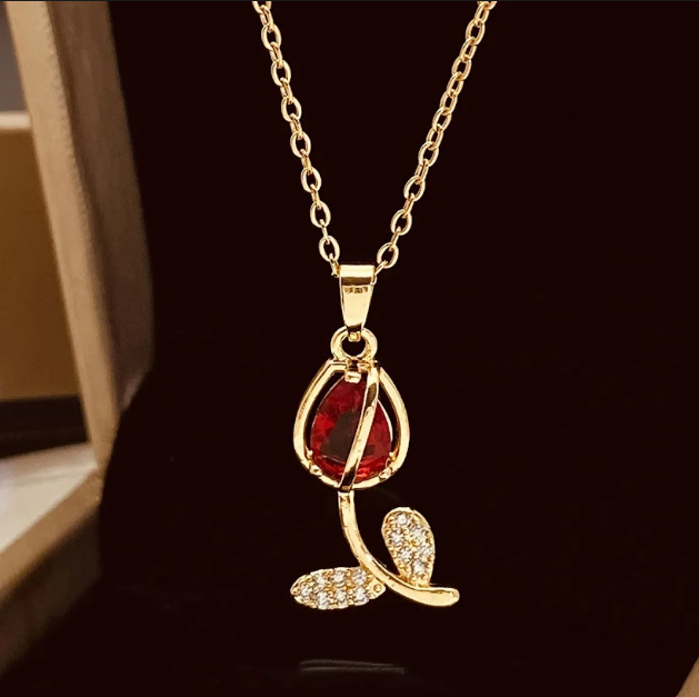 Collar Elegante Tulipán Rojo + Caja De Regalo